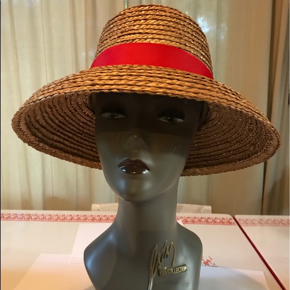 6s Tan Straw Sun Hat With Red Grosgrain 